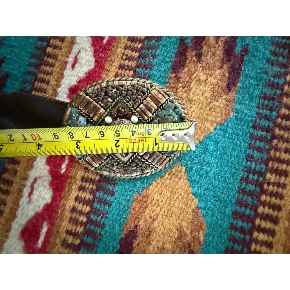 Cabi Genuine Leather Brown Wide Belt Beaded Mosaic Statement Buckle